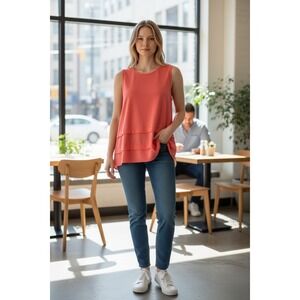 MICHAEL KORS Coral Layered Tank Top Women's Size L Sleeveless Sheer Hem